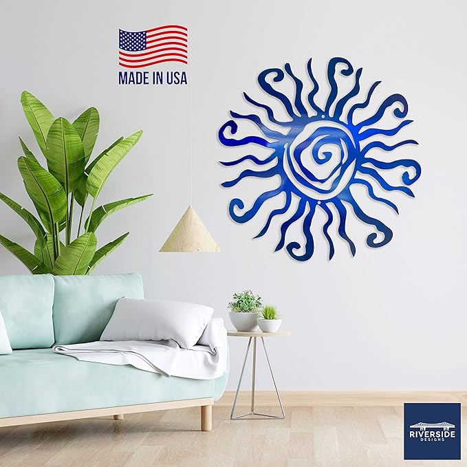 Riverside Designs Wacky Sun Metal Wall Art Indoor/Outdoor Decor - 36" Blue Rust Proof Wall Sculpture - Made in USA - Ideal for Bedroom, Garden, Home, Patio and Farmhouse