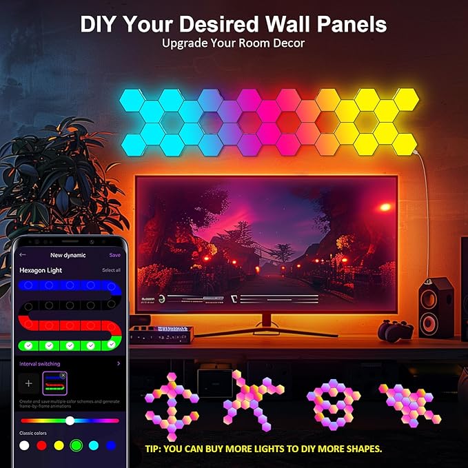 Hexagon LED Light Panels 8 Pack – RGB Wall Decor Lights with Music Sync, App & Remote – Modular Home & Christmas Decor for Bedroom, Living Room, and Room Decor