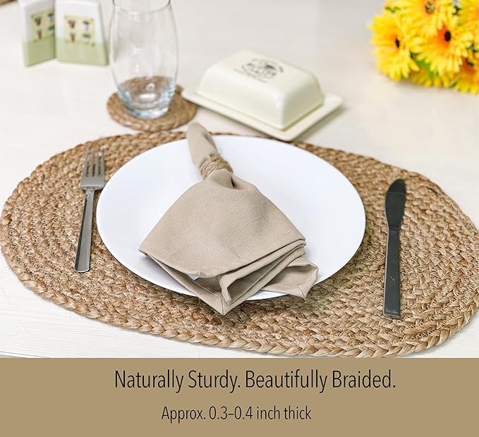 Chardin Home Set of 4 Jute Braided Oval Placemats – 13x19 Inch Rustic Natural Jute Table Mats | Handwoven Boho Farmhouse Style | Eco-Friendly Artisan Dining Decor
