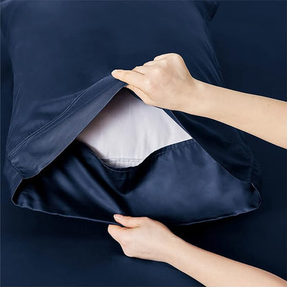 Bedsure Full Size Bed Sheets, Cooling Sheets, Rayon Derived from Bamboo, Breathable & Soft, Deep Pocket Up to 16 Inches, Hotel Luxury Silky Bedding for Hot Sleepers, Navy