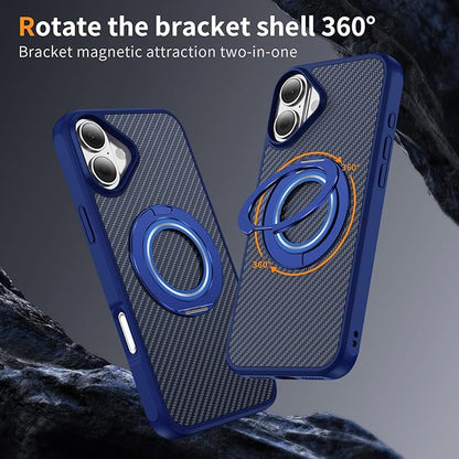 Mag-Stand Carbon Fiber Case for iPhone 17, 360° Rotate Magnetic Stand, Compatible with MagSafe, 15FT Military Protection, Slim Shockproof Magnetic Kickstand Mag Phone Case for Men Women Blue