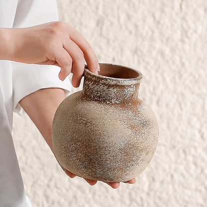 White Ceramic Rustic Flower Vase, 5.83 Inch Pottery Modern Vase for Shelf, Tabletop, Vintage Farmhouse Home Decor for Coffee Table, Living Room, Mantle, Fireplace, Entryway