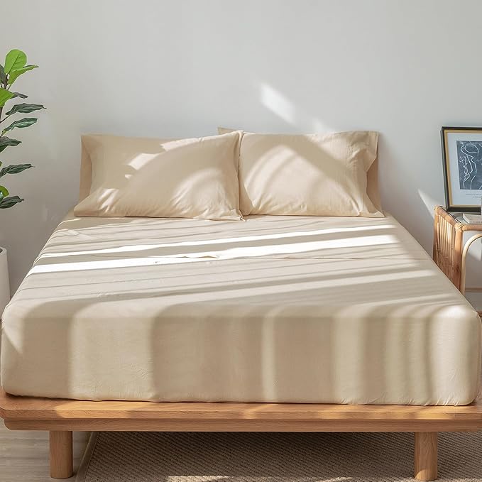 MooMee Bedding Sheet Set 100% Washed Cotton Linen Like Textured Breathable Durable Soft Comfy (Solid Sandy Beige, King)