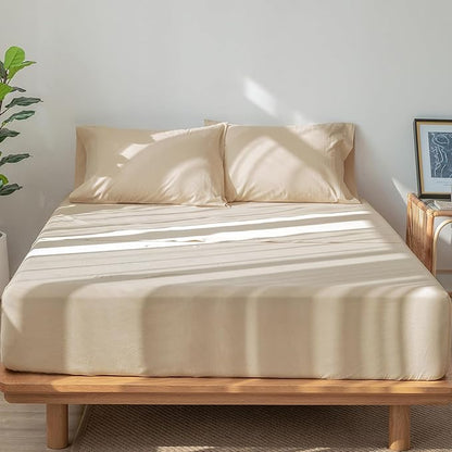 MooMee Bedding Sheet Set 100% Washed Cotton Linen Like Textured Breathable Durable Soft Comfy (Solid Sandy Beige, King)