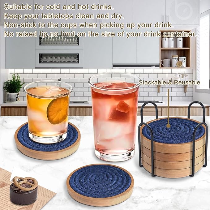 6 Pack Coasters for Drinks Absorbent, Wooden Coasters for Coffee Tables, Cup Mat for Kitchen, Farmhouse, Bar, and Office 4.3 inches (Dark Blue)
