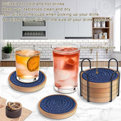 6 Pack Coasters for Drinks Absorbent, Wooden Coasters for Coffee Tables, Cup Mat for Kitchen, Farmhouse, Bar, and Office 4.3 inches (Dark Blue)
