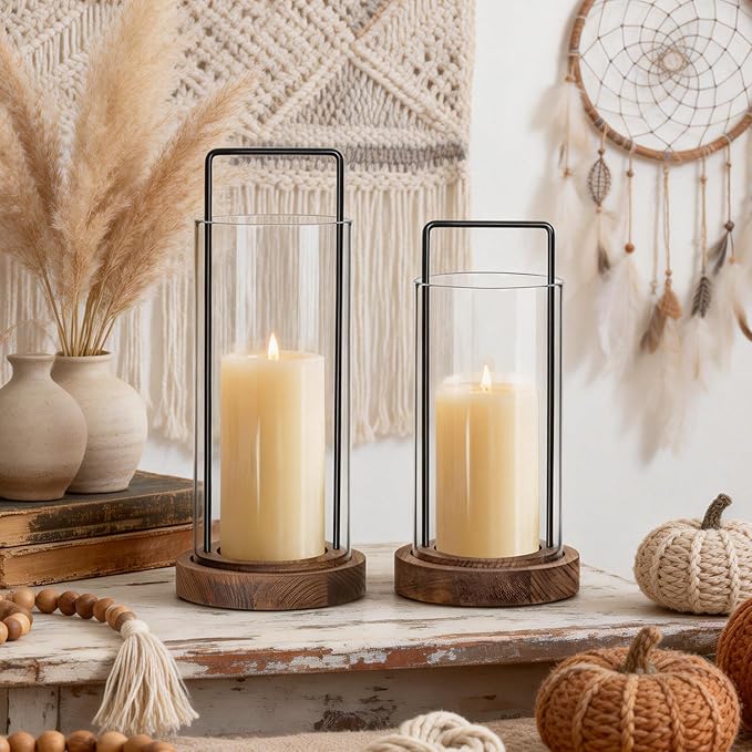 Houmury Set of 2 Brown Hurricane Candle Holders Lantern 12” & 10”with Wood Base Metal Handle Glass Cylinder Modern Farmhouse Decor for Home Decor, Table Centerpieces (Brown)