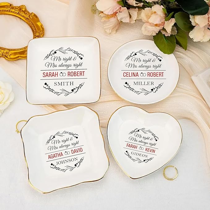 Custom Couple Jewelry Tray Wedding Gifts for Bride and Groom, Personalized Mr and Mrs Ring Dish, Engagement Ceramic Ring Holder, Newlywed Trinket Plate, Gift for Romantic Anniversary