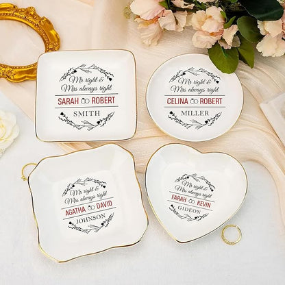 Custom Couple Jewelry Tray Wedding Gifts for Bride and Groom, Personalized Mr and Mrs Ring Dish, Engagement Ceramic Ring Holder, Newlywed Trinket Plate, Gift for Romantic Anniversary