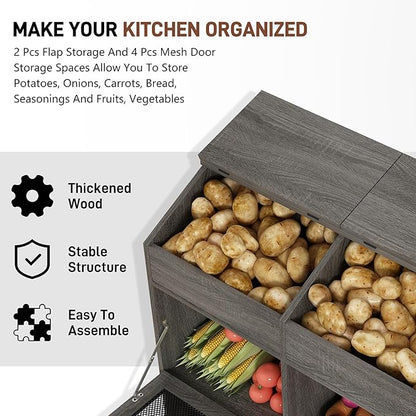 Large Wood Bread Box for Potato,Onion.Veggie Bin W/6 Large Storage Box.Root Vegetable Storage Box For Kitchen,Farmhouse Potato Storage Bin W/4 Mesh Doors,Bread Keeper for Toast,Bagel,Donut,Cookies