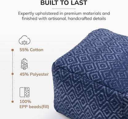 Anji Mountain 100% Handmade & Handcrafted Comfortable Home Décor Pouf Ottoman Footrest for Living Room, Bedroom, Nursery, Kidsroom, Patio Furniture - (22" x 22" x 16" - Blue)