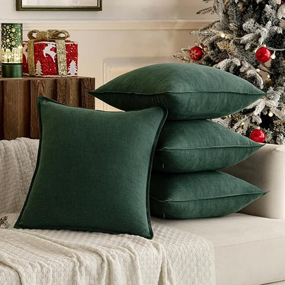 MIULEE Christmas Green Linen Pillow Covers Pack of 4 Decorative Natural Solid Throw Pillow Covers Soft Accent Boho Farmhouse Couch Pillowcases Modern Home Decor for Living Room Bed Sofa 18x18 Inch