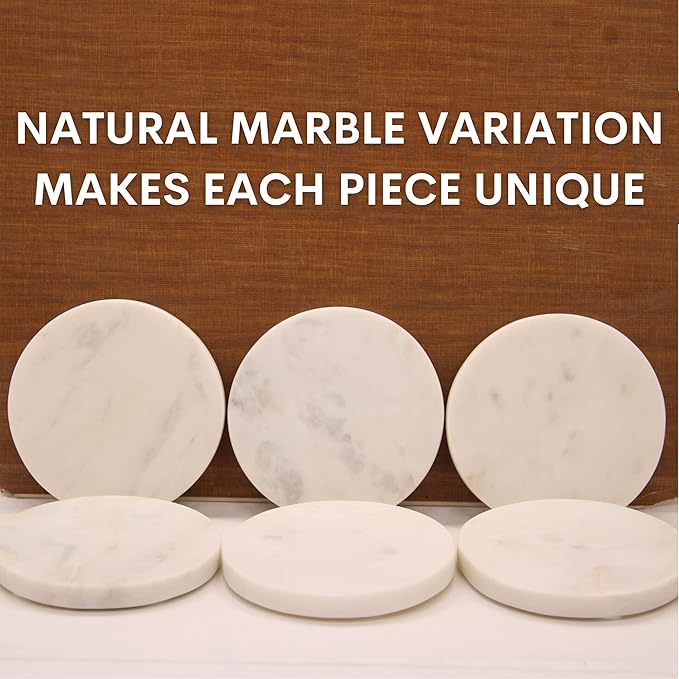 White Coasters Marble for Drink. Polished Coaster. Protection from Drink Rings. Perfect Handmade Stone Coaster for Gift. Home and Living Table Decor. Set of 6