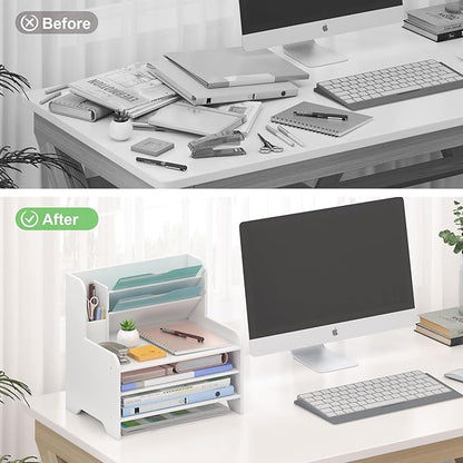Bamboo Desk Organizer Mail Holder Countertop Letter Tray File Organizer for Desk Letter Sorter Paper File Storage for School Home Office Supplies