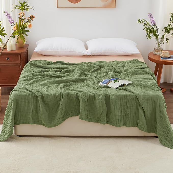 Love's cabin 6 Layer 100% Cotton Muslin Blanket, 108"x90" Muslin King Size Blanket for Bed Couch, Lightweight and Breathable Cotton Gauze for Adult, Sage Green