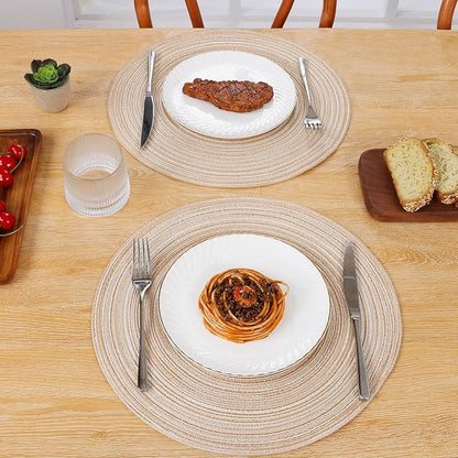 SHACOS 15 inch Round Braided Placemats Set of 6 Non Slip Heat Resistant Cotton Polyester Table Mats Washable Place Mats for Kitchen Dining Party Table Decor (Beige, 6)