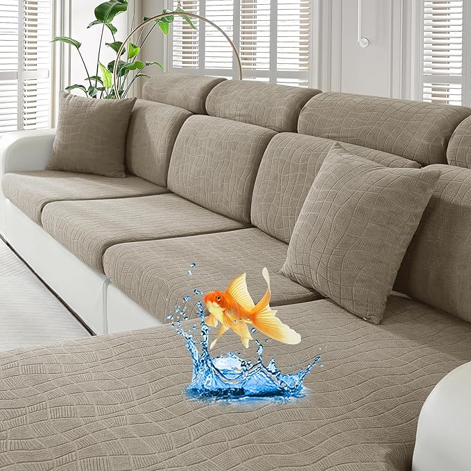 MAXIJIN Waterproof Couch Cushion Covers Stretch Sofa Seat Slipcovers Washable，Sectional Outdoor Cushion Covers with Elastic Bottom for Dogs Pets Kids (1 Pc Cushion Cover, Khaki)