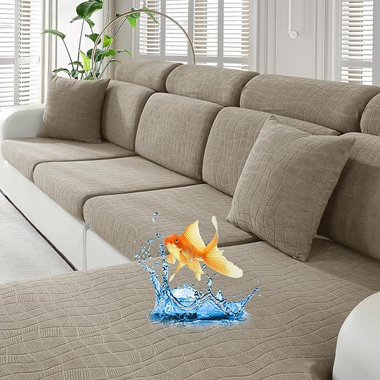 MAXIJIN Waterproof Couch Cushion Covers Stretch Sofa Seat Slipcovers Washable，Sectional Outdoor Cushion Covers with Elastic Bottom for Dogs Pets Kids (1 Pc Cushion Cover, Khaki)