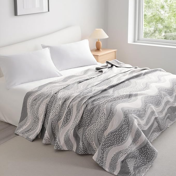 NTBAY 3 Layers Cotton Muslin 88x92 Queen Bed Blanket, Super Soft Breathable Thermal Yarn Dyed Quilt for Adults, Perfect Lightweight Blanket for Couch Sofa Bed All Seasons, Grey Wheat Waves