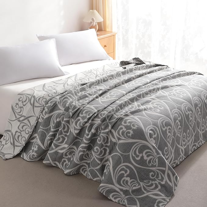 NTBAY 3 Layers Cotton Muslin 106x92 King Bed Blanket, Super Soft Breathable Thermal Yarn Dyed Quilt for Adults, Perfect Lightweight Blanket for Couch Sofa Bed All Seasons, Grey Paisley