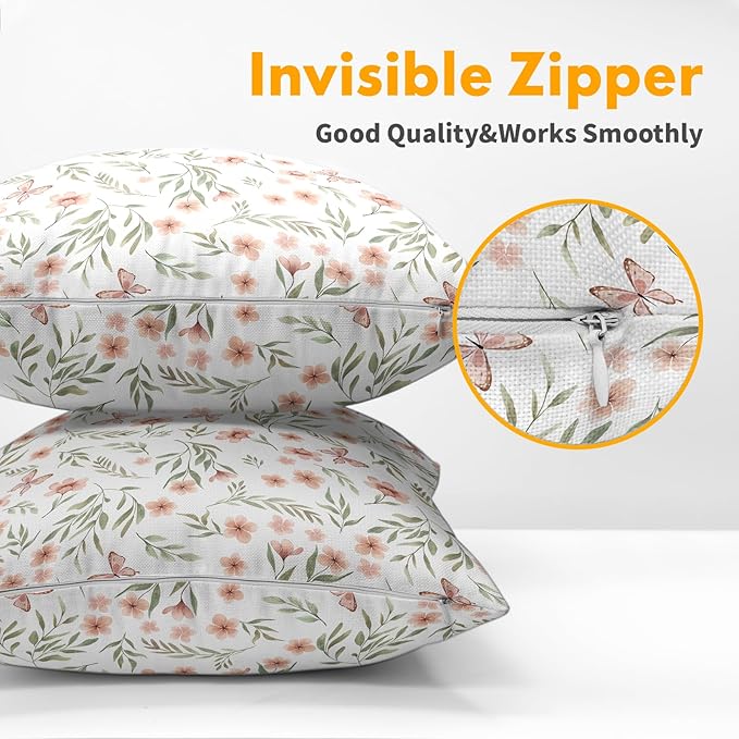 Spring Pillow Covers 16x16 Set of 2 Sage Green Pink Floral Throw Pillow Covers Boho Pillowcase Linen Decoration Farmhouse Soft Decorative Butterfly Cushion Case Couch for Indoor Outdoor Home Decor