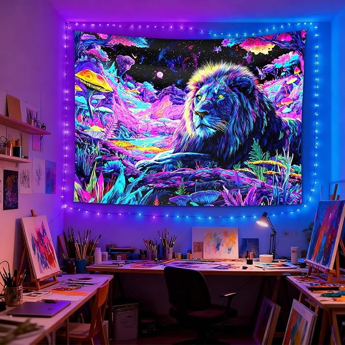 seewan Black Light Lion Tapestry, Colorful Abstract Beast Art Tapestry, Glow-in-the-Dark UV-Reactive Black Light Standing Tapestry, Starry Sky Wall Hanging, Bedroom Dorm Living Room Background Decor