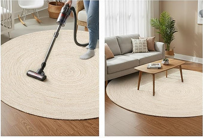 Hausattire Jute Braided Rug, 5’ Round – Off White, Reversible Boho Entry Area Rugs for Kitchen, Living Room, Bedroom I Farmhouse Hand Woven Decorative Floor Carpet Mat, 5 Feet Round