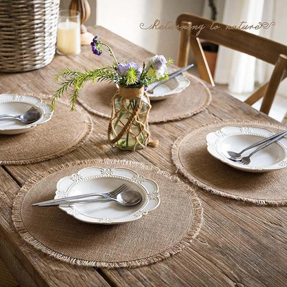 FunWheat Burlap Round Braided Placemats Set of 12 for Dining Tables 15 Inch Heat Resistant Jute Table Mats Farmhouse Woven Fabric Natural Place mats for Fall Decoration (Twine Circle)