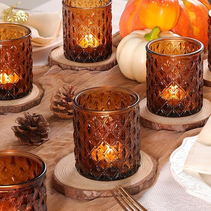 8Pcs Large Votive Candle Holders Amber Tea Light Candle Holders Glass Candle Holder for Wedding, Bridal Shower,Table Centerpiece,Party, Home Decor, Fall Decor