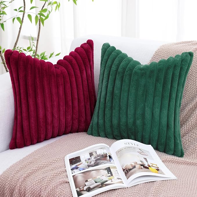 decorUhome Faux Fur Spring Throw Pillow Covers 18x18 Set of 2, Decorative Soft Plush Striped Neutral Couch Pillow Covers with Velvet Back for Sofa, Bed, Living Room Home, Christmas Green