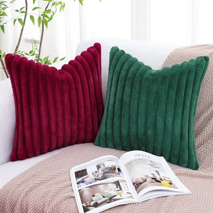 decorUhome Faux Fur Spring Throw Pillow Covers 12x20 Set of 2, Decorative Soft Plush Striped Lumbar Neutral Couch Pillow Covers with Velvet Back for Sofa, Bed, Living Room Home, Christmas Green