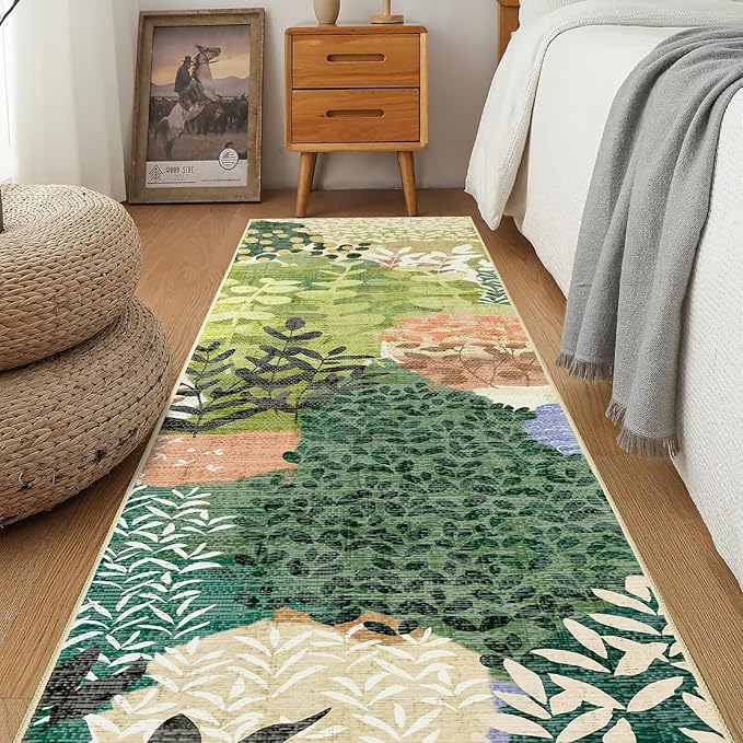 DEXDE Runner Rug 2x8 Washable Hallway Boho Soft Area Rugs Abstract Long Non Slip Leaves Floral Vintage Floor Carpet for Entryway, Kitchen, Laundry, Bathroom, Bedroom,Green
