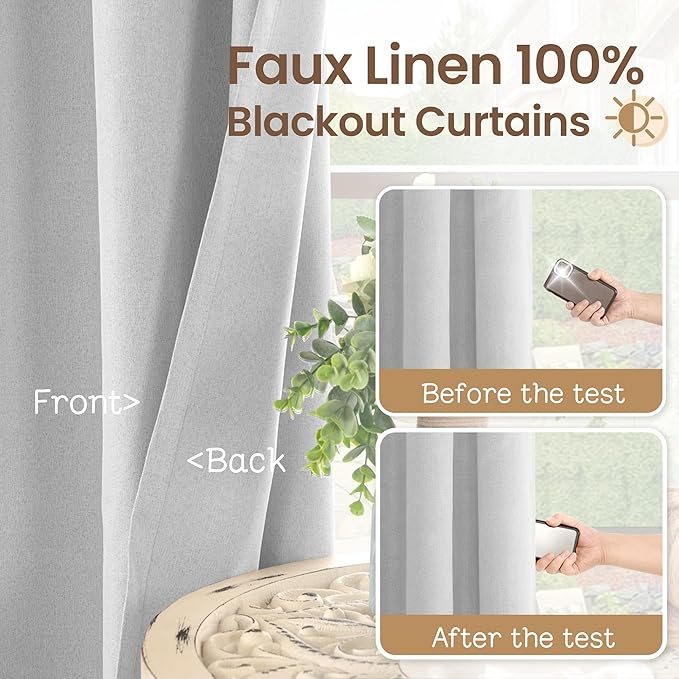 BGment Light Grey Blackout Curtains for Living Room 84 Inch Long - Linen Textured Thermal Insulated Total Sun Blocking Bronze Grommet Window Drapes for Farmhouse, 2 Panels, 52 x 84 Inch, Silver Grey