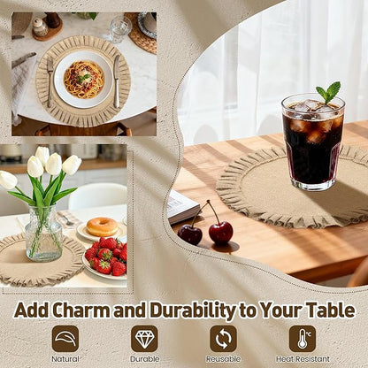Aneco 6 Pack 15 Inch Round Burlap Placemats Braided Jute Placemats with Ruffle Edge Heat Resistant Reusable Brown Table Mats for Weddings Parties Holidays Dining Table