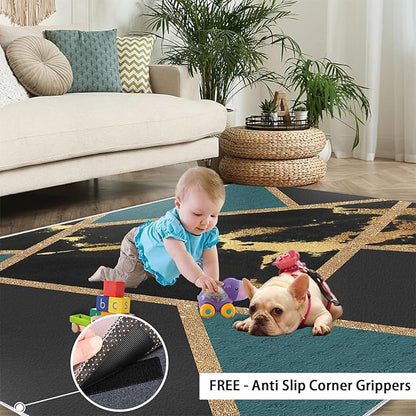 Black Gold Marble Area Rugs Emerald Green Abstract Marble Carpet Medieval Geometry Area Rug Indoor Non-Slip Carpet Golden Geometric Lines Rugs for Bedroom 3x4ft