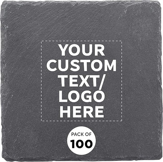 Custom Sohag Square Slate Coasters Set of 100, Personalized Bulk Pack - Table Decor, Kitchen Decor, Wedding Favors - Black