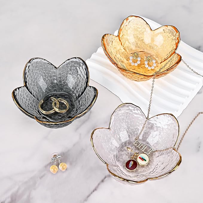 Koythin 3-Piece Glass Jewelry Tray, Small Trinket Holder for Necklace Bracelet Earring, Ring Holders for Bathroom, Aesthetic Trinket Dish, Flower Nightstand Decor for Girl Mom (Transparent White)