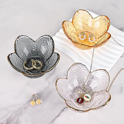 Koythin 2-Piece Glass Jewelry Tray, Small Trinket Holder for Necklace Bracelet Earring, Ring Holders for Bathroom, Aesthetic Trinket Dish, Flower Nightstand Decor for Girl Mom (Transparent White)