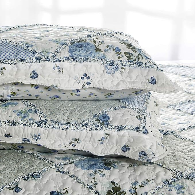 Oversized King Size Blue Floral Plaid Patchwork Quilt Set 128x120 Extra Wide Super King Size Rversible Quilted Bedspread Coverlet Set 3-Piece Comforter Bedding Set Bed Cover with 2 Pillow Shams