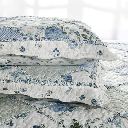 Oversized King Size Blue Floral Plaid Patchwork Quilt Set 128x120 Extra Wide Super King Size Rversible Quilted Bedspread Coverlet Set 3-Piece Comforter Bedding Set Bed Cover with 2 Pillow Shams