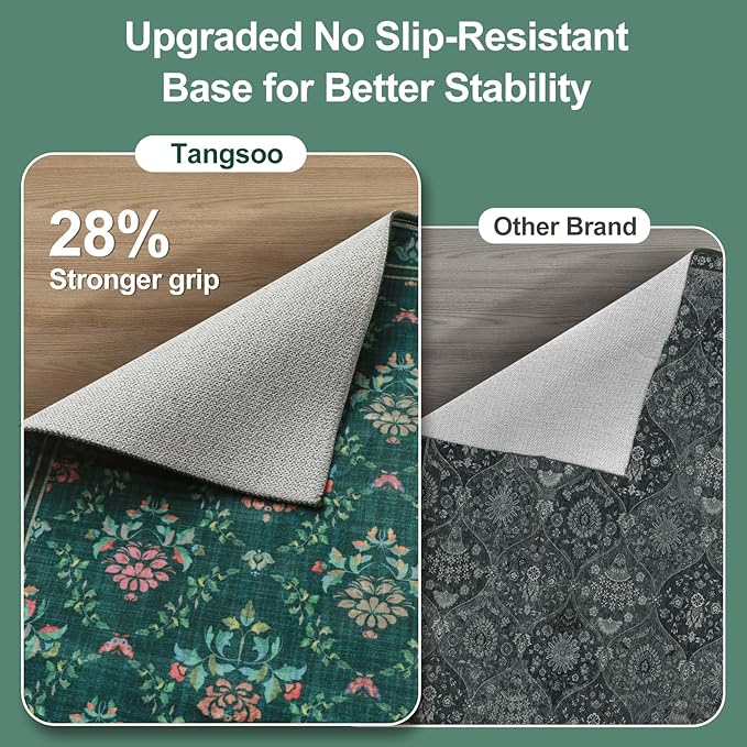 Tangsoo 5x7 Washable Area Rug, Non Slip Green Floral Indoor Rug, Soft Low Pile Floor Carpet for Living Room, Bedroom, Dining Room, Pet & Child Friendly Room Decor, Easy to Clean