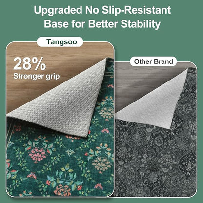 Tangsoo 2x6 Washable Runner Rug for Hallways, Non Slip Green Floral Carpet Runner, Soft Low Pile Floor Carpet Runner for Kitchen, Laundry, Bedroom, Bathroom, Living Room Home Decor