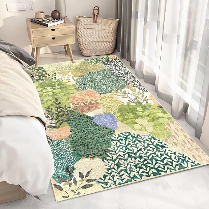 DEXDE Area Rugs for Living Room 4x6.5, Washable Non Slip Boho Rugs Throw Carpet for Bedroom Bedside Dorm Dining Room Indoor Soft Floral Home Decor, Green
