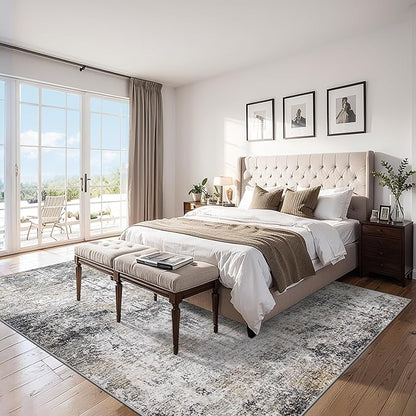 Area Rugs 10x12 Living Room - Washable Rug Modern Abstract Soft Large Neutral Non-Slip Carpet Indoor Floor Thin Carpets for Bedroom Dining Room Farmhouse Nursery Home Office Brown Black Grey
