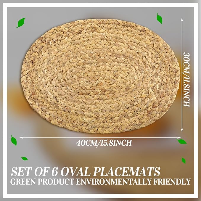 Bencailor 6 Pcs Jute Woven Placemats Natural Braided Placemats Heat Resistant Decorative Table Mats Set of 6 Boho Vintage Table Mats for Christmas Home Dining Kitchen Parties Decoration(Oval)