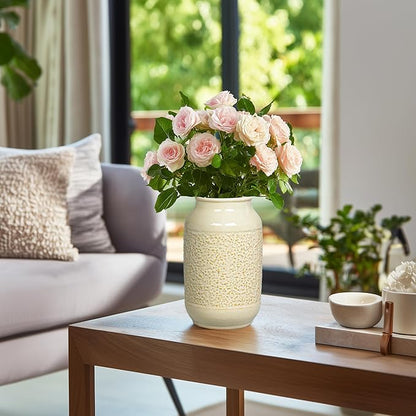 Beige Ceramic Vase for Flowers - 9 inch Textured Cream Vase for Pampas Grass, Modern Farmhouse Vases for Home Decor, Table Centerpiece, Shelf, and Mantle Decor