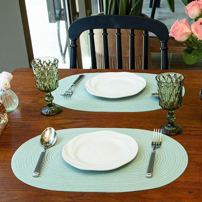Noctiflorous Oval Braided Placemats Set of 6 Woven 12x18 Inch Non Slip Washable Heat Resistant Place Mats Round Tablemats for Dining Kitchen Party Daily Table Decor Dinner Mats (Mint Green, 6)