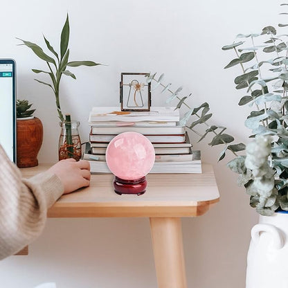 JIC Gem Natural Pink Rose Quartz Ball Sphere with Base,Class 1，10-11cm