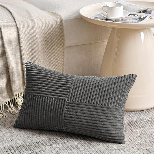 Fancy Homi 2 Packs Dark Gray Lumbar Decorative Throw Pillow Covers 16x28 Inch for Living Room Couch Bed Sofa, Farmhouse Home Decor, Soft Striped Corduroy Rectangle Accent Cushion Case 40x70 cm