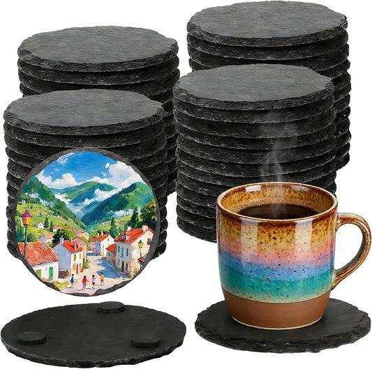 48 PCS Black Natural Slate Coasters Bulk Set 4 Inch Laser Engraving Blanks with Anti Scratch Bottoms for Home, Office, Bar, Gifts Round